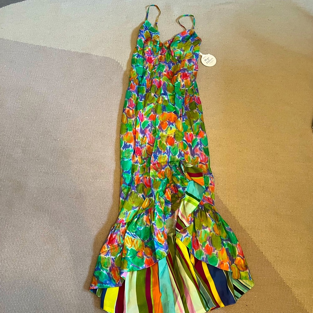 Never worn! Festive, silky garden party dress with vibrant colors &  flared hem.